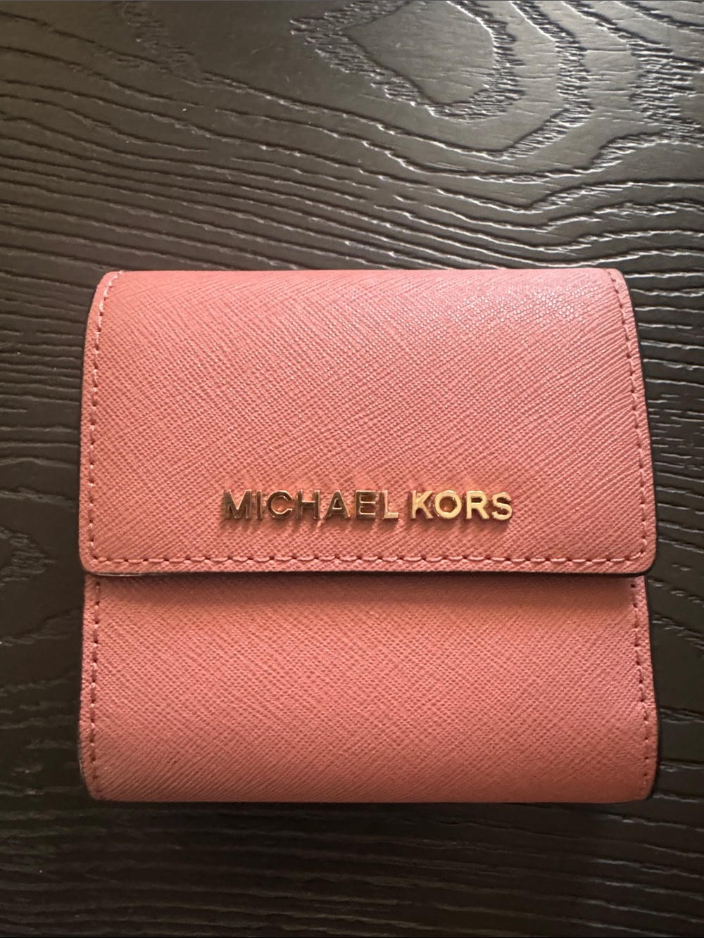Michael Kors Rose Pink Saffiano Leather Compact Wallet with Gold Logo